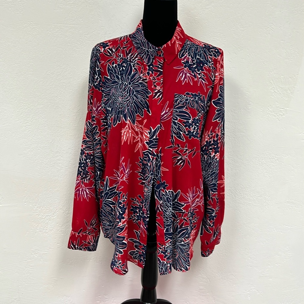Liz Claiborne red and navy pattern blouse size XL